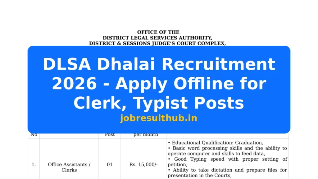 DLSA Dhalai Recruitment 2026 - Apply Offline for Clerk, Typist Posts - 2026 Posts