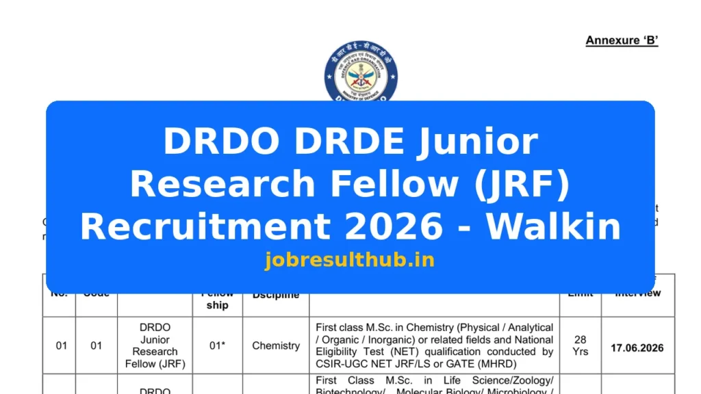 DRDO DRDE Junior Research Fellow (JRF) Recruitment 2026 - Walkin - 2026 Posts