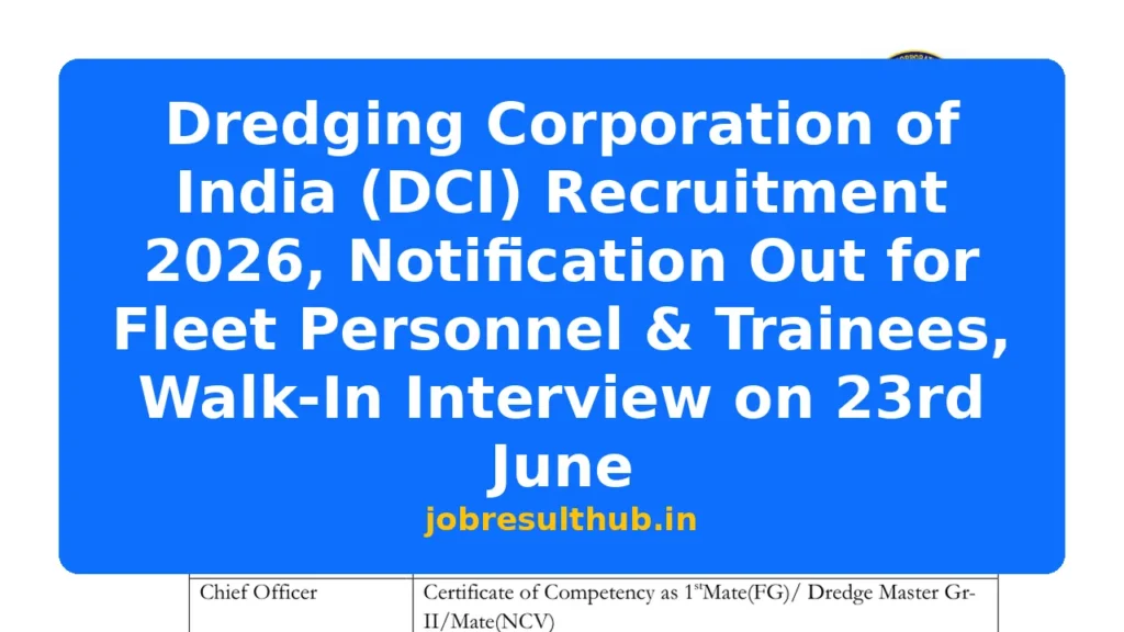 Dredging Corporation of India (DCI) Recruitment 2026, Notification Out for Fleet Personnel & Trainees, Walk-In Interview on 23rd June - 2026 Posts