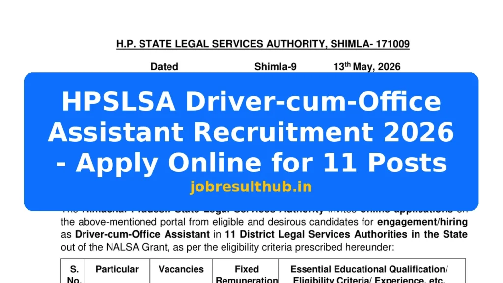 HPSLSA Driver-cum-Office Assistant Recruitment 2026 - Apply Online for 11 Posts - 2026 Posts