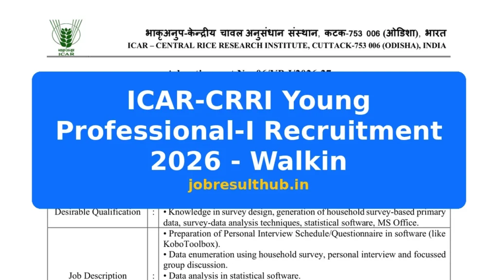 ICAR-CRRI Young Professional-I Recruitment 2026 - Walkin - 2026 Posts