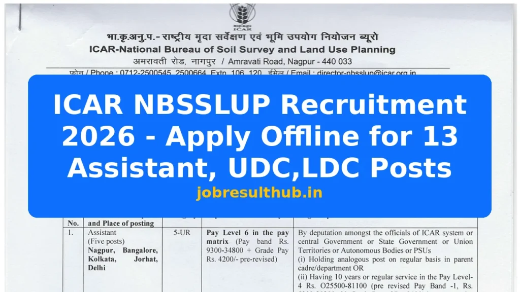 ICAR NBSSLUP Recruitment 2026 - Apply Offline for 13 Assistant, UDC,LDC Posts - 2026 Posts