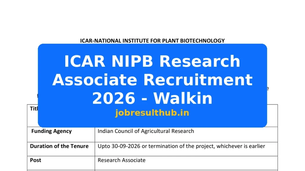ICAR NIPB Research Associate Recruitment 2026 - Walkin - 2026 Posts