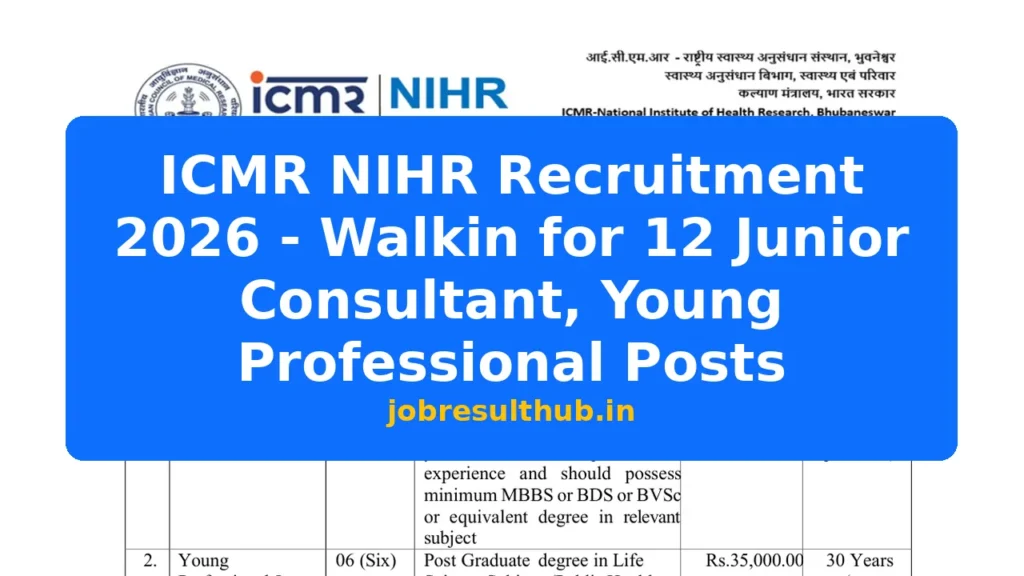 ICMR NIHR Recruitment 2026 - Walkin for 12 Junior Consultant, Young Professional Posts - 2026 Posts