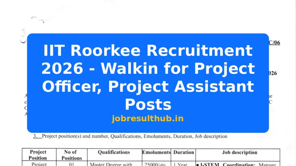 IIT Roorkee Recruitment 2026 - Walkin for Project Officer, Project Assistant Posts - 2026 Posts