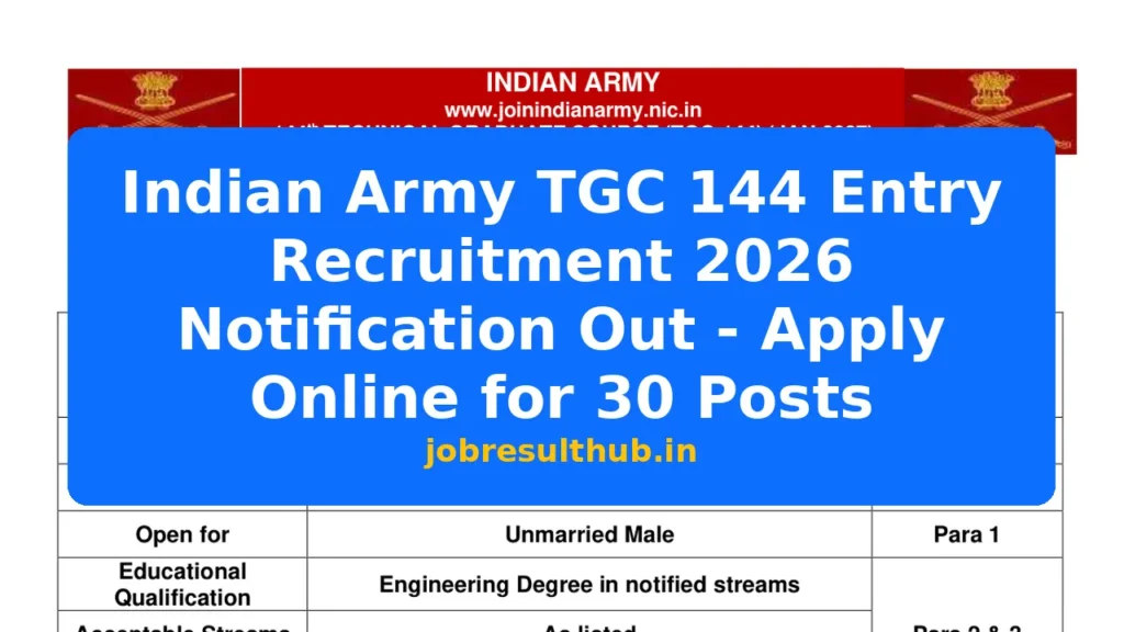 Indian Army TGC 144 Entry Recruitment 2026 Notification Out - Apply Online for 30 Posts - 30 Posts
