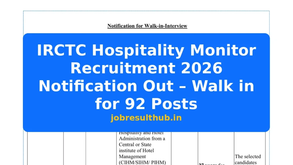 IRCTC Hospitality Monitor Recruitment 2026 Notification Out – Walk in for 92 Posts - 2026 Posts