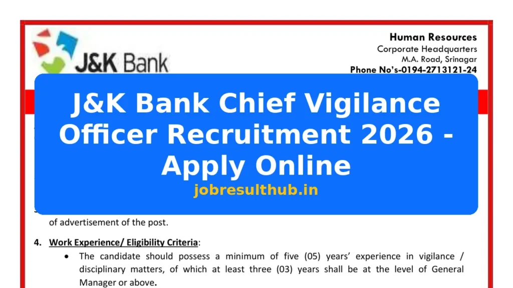 J&K Bank Chief Vigilance Officer Recruitment 2026 - Apply Online - 2026 Posts