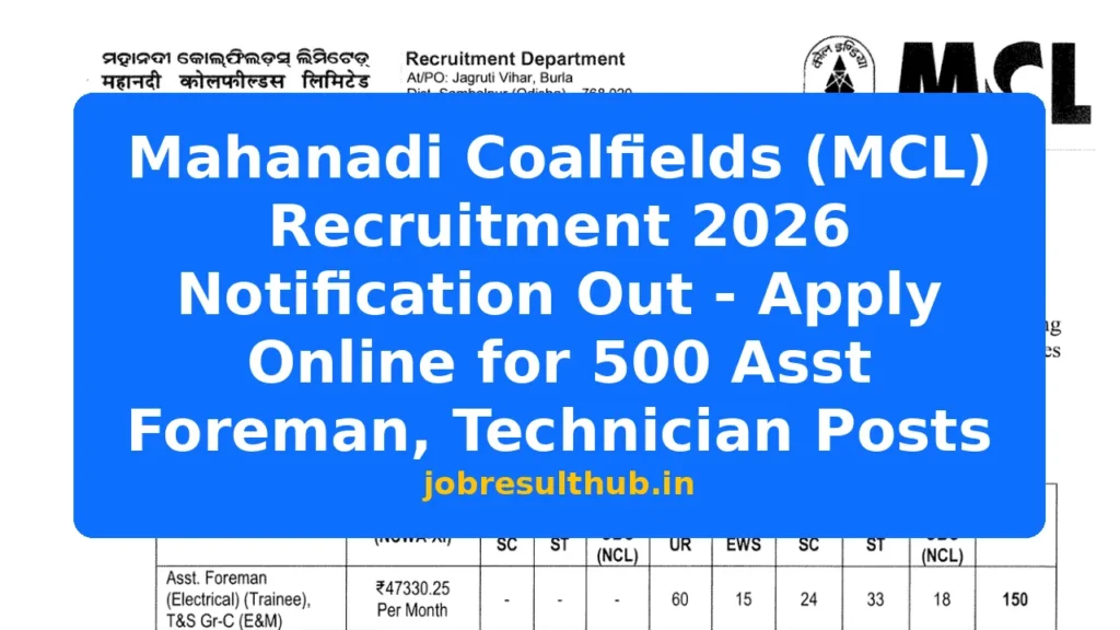 Mahanadi Coalfields (MCL) Recruitment 2026 Notification Out - Apply Online for 500 Asst Foreman, Technician Posts - 2026 Posts