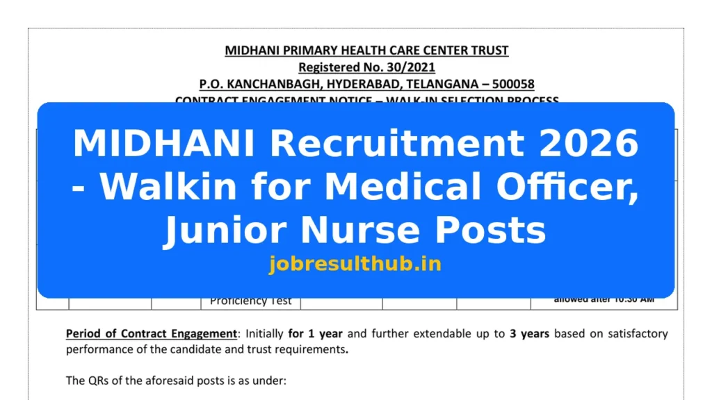 MIDHANI Recruitment 2026 - Walkin for Medical Officer, Junior Nurse Posts - 2026 Posts