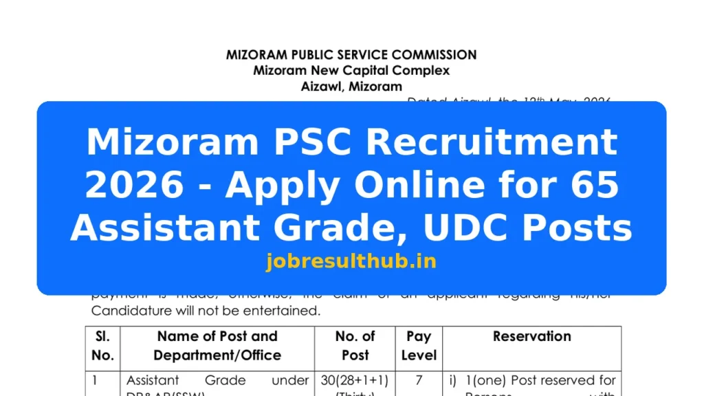 Mizoram PSC Recruitment 2026 - Apply Online for 65 Assistant Grade, UDC Posts - 65 Posts
