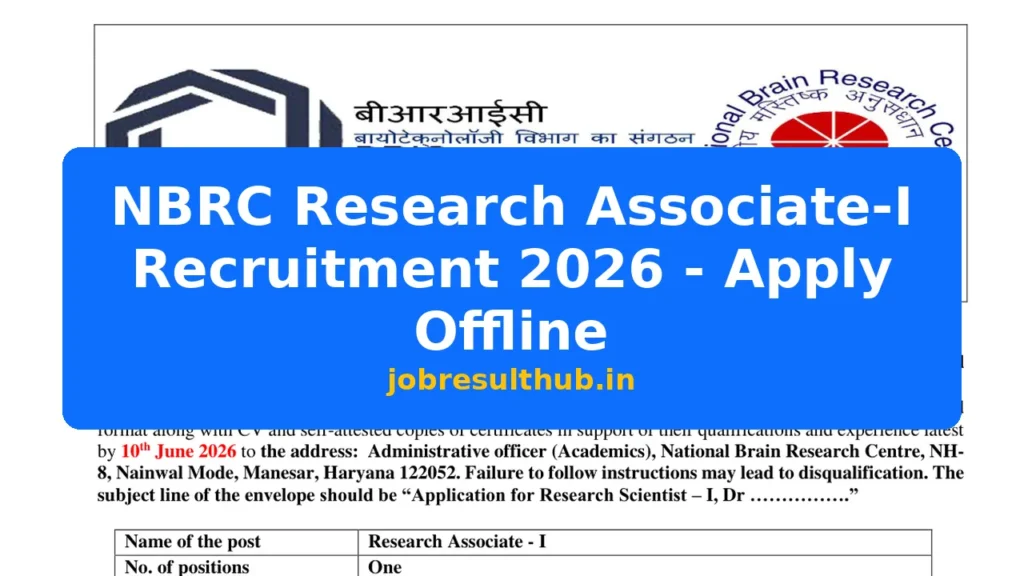 NBRC Research Associate-I Recruitment 2026 - Apply Offline - 2026 Posts