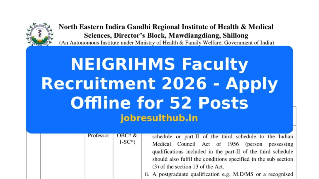 NEIGRIHMS Faculty Recruitment 2026 - Apply Offline for 52 Posts - 2026 Posts