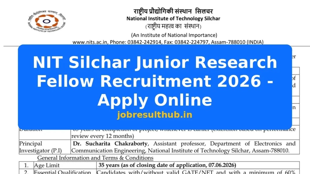 NIT Silchar Junior Research Fellow Recruitment 2026 - Apply Online - 2026 Posts