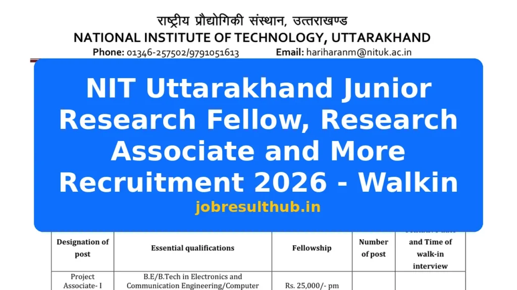 NIT Uttarakhand Junior Research Fellow, Research Associate and More Recruitment 2026 - Walkin - 2026 Posts