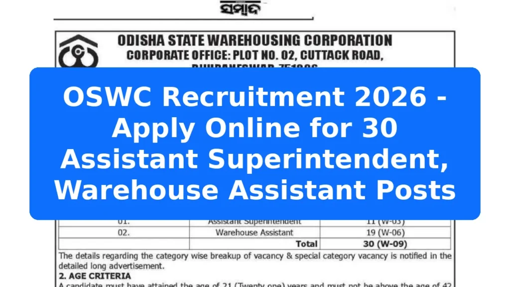 OSWC Recruitment 2026 - Apply Online for 30 Assistant Superintendent, Warehouse Assistant Posts Featured Image