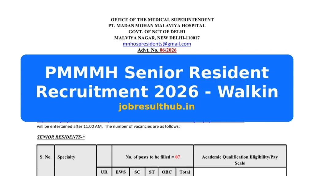 PMMMH Senior Resident Recruitment 2026 - Walkin - 2026 Posts