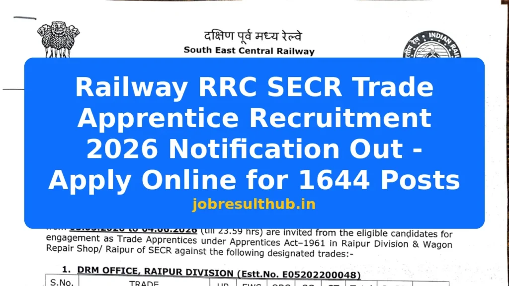 Railway RRC SECR Trade Apprentice Recruitment 2026 Notification Out - Apply Online for 1644 Posts - 2026 Posts