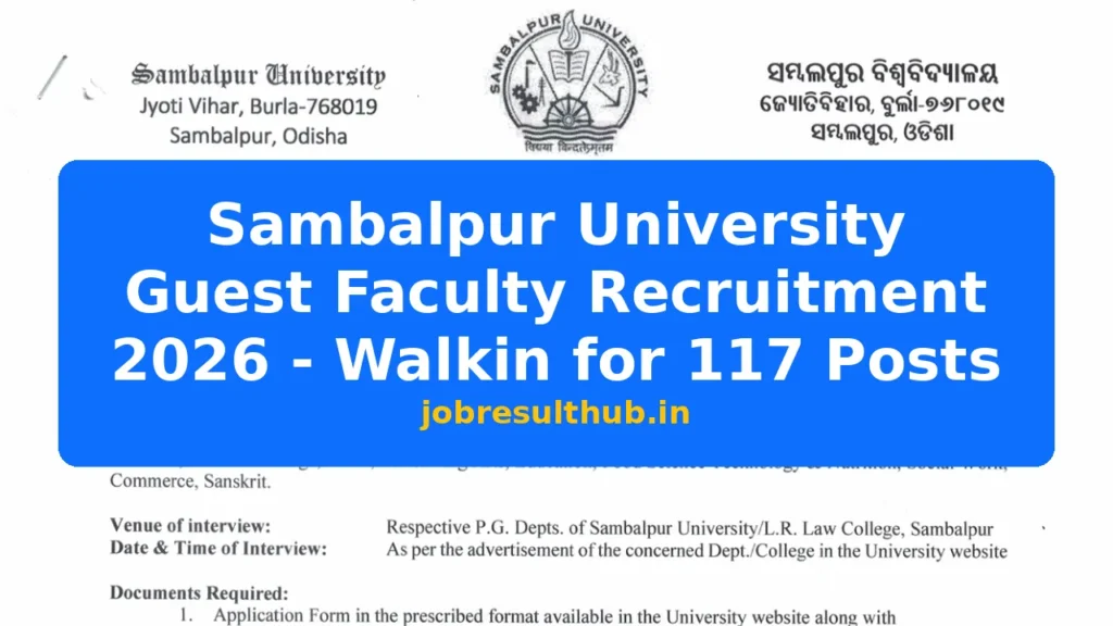 Sambalpur University Guest Faculty Recruitment 2026 - Walkin for 117 Posts - 2026 Posts