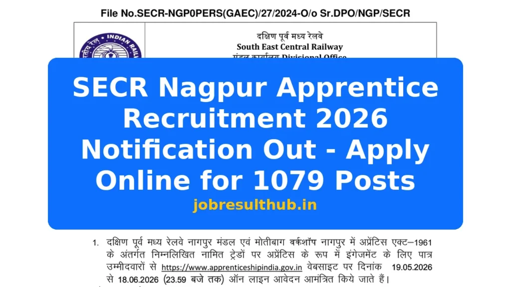 SECR Nagpur Apprentice Recruitment 2026 Notification Out - Apply Online for 1079 Posts - 1079 Posts