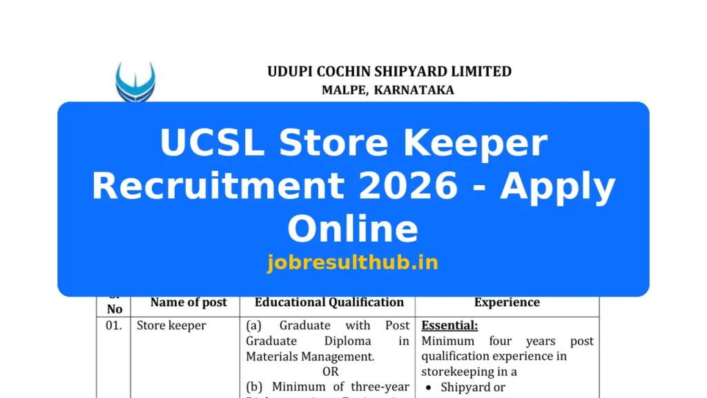 UCSL Store Keeper Recruitment 2026 - Apply Online - 2026 Posts