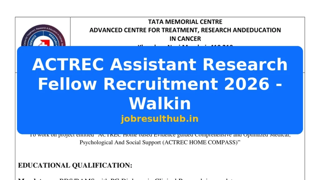 ACTREC Assistant Research Fellow Recruitment 2026 - Walkin - 2026 Posts
