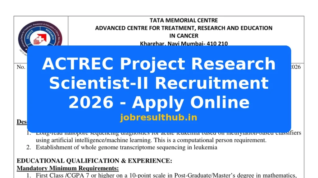 ACTREC Project Research Scientist-II Recruitment 2026 - Apply Online - 2026 Posts
