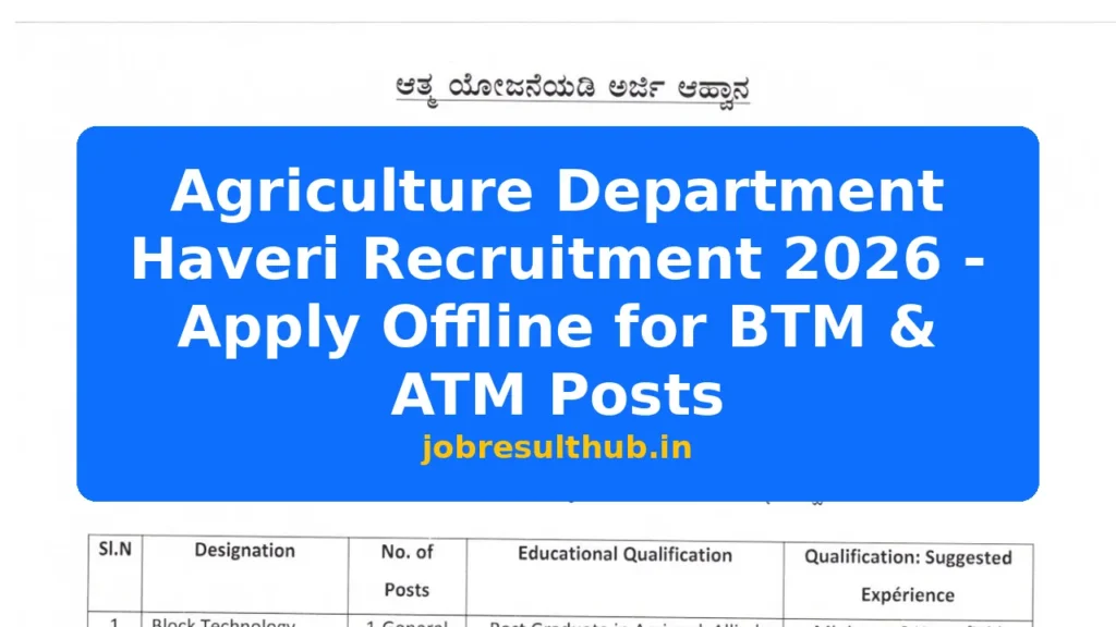 Agriculture Department Haveri Recruitment 2026 - Apply Offline for BTM & ATM Posts - 2026 Posts