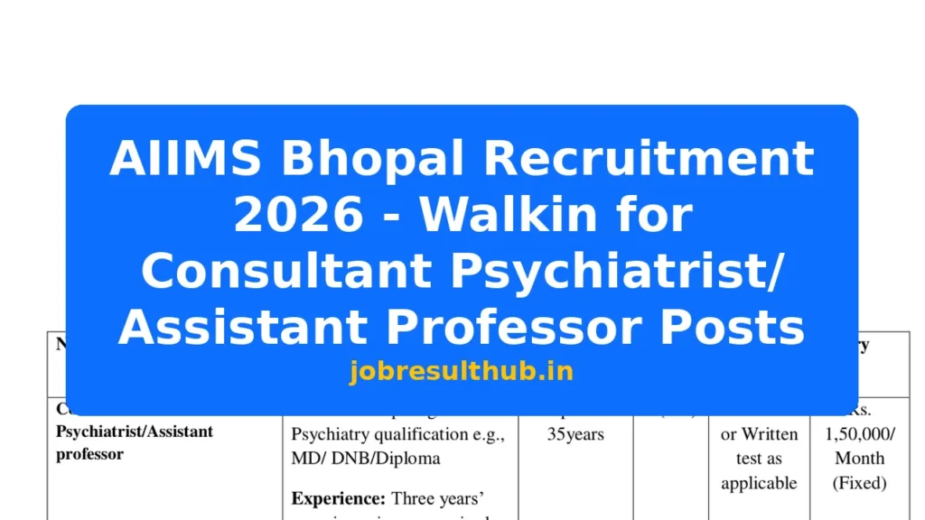 AIIMS Bhopal Recruitment 2026 - Walkin for Consultant Psychiatrist/ Assistant Professor Posts - 2026 Posts