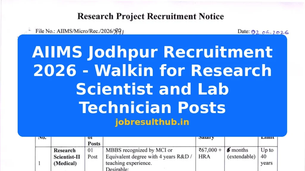 AIIMS Jodhpur Recruitment 2026 - Walkin for Research Scientist and Lab Technician Posts - 2026 Posts