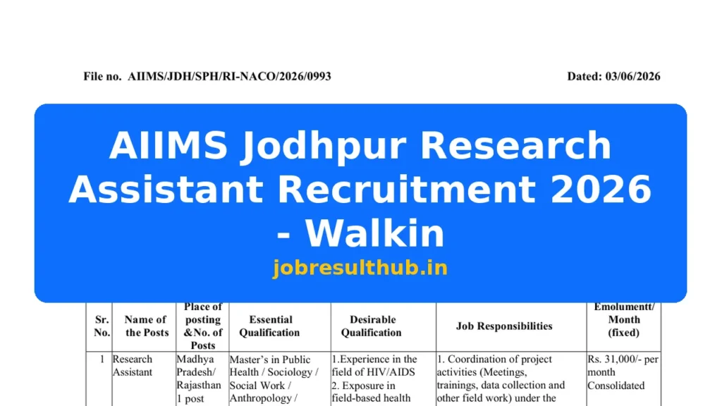 AIIMS Jodhpur Research Assistant Recruitment 2026 - Walkin - 2026 Posts