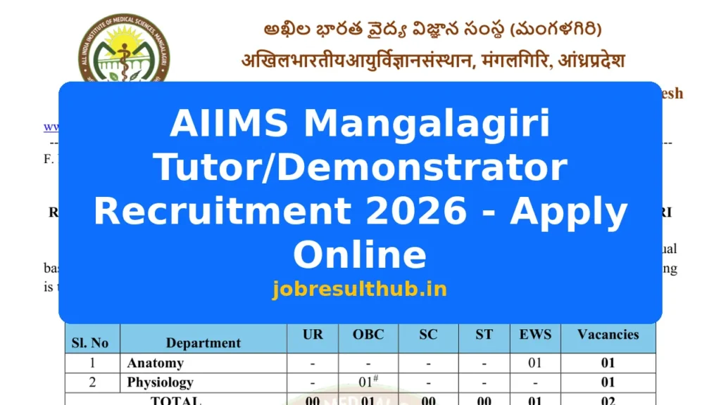 AIIMS Mangalagiri Tutor/Demonstrator Recruitment 2026 - Apply Online - 2026 Posts