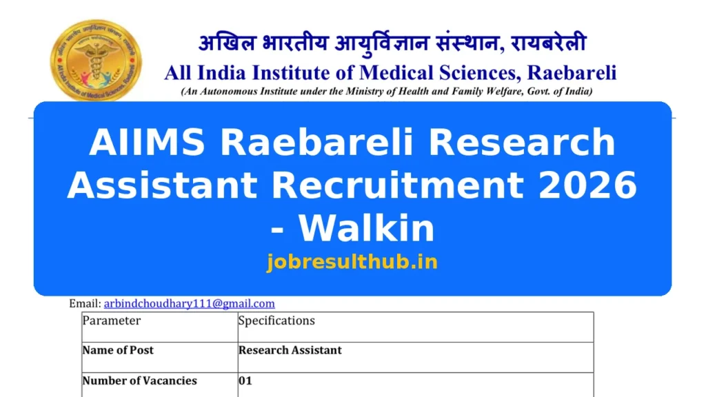 AIIMS Raebareli Research Assistant Recruitment 2026 - Walkin - 2026 Posts