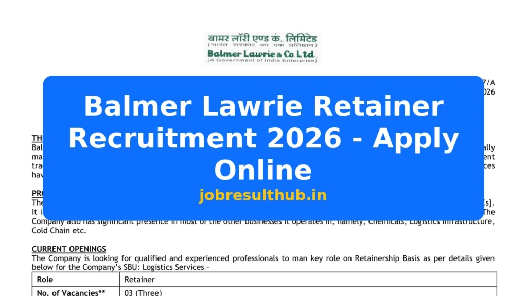 Balmer Lawrie Retainer Recruitment 2026 - Apply Online - 2026 Posts