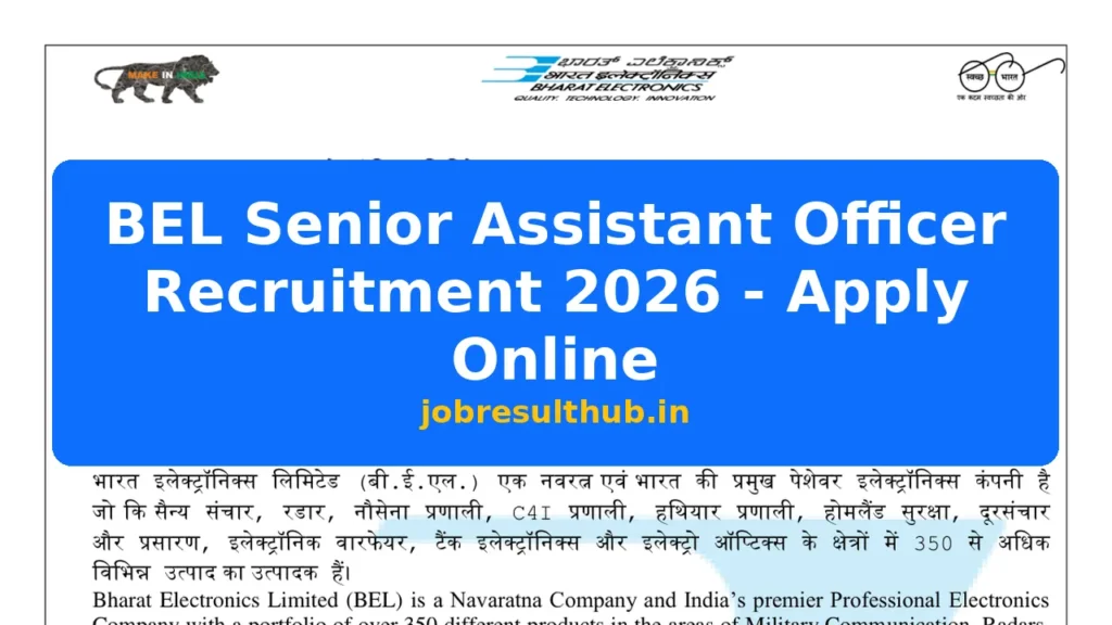 BEL Senior Assistant Officer Recruitment 2026 - Apply Online - 1 Posts