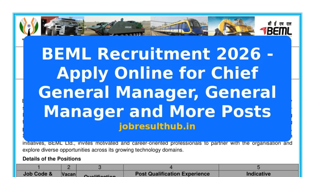 BEML Recruitment 2026 - Apply Online for Chief General Manager, General Manager and More Posts - 2026 Posts