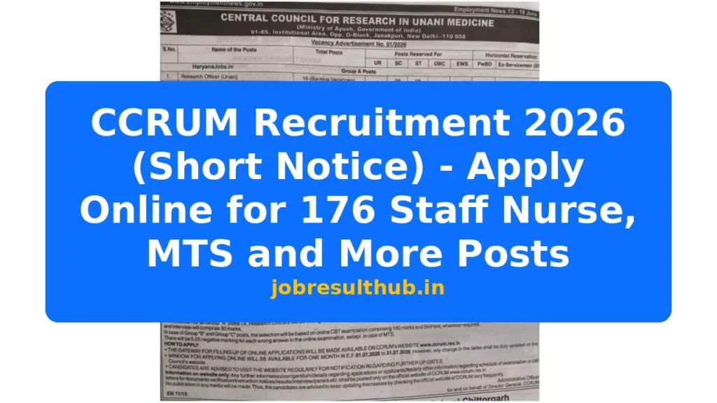 CCRUM Recruitment 2026 (Short Notice) - Apply Online for 176 Staff Nurse, MTS and More Posts - 2026 Posts