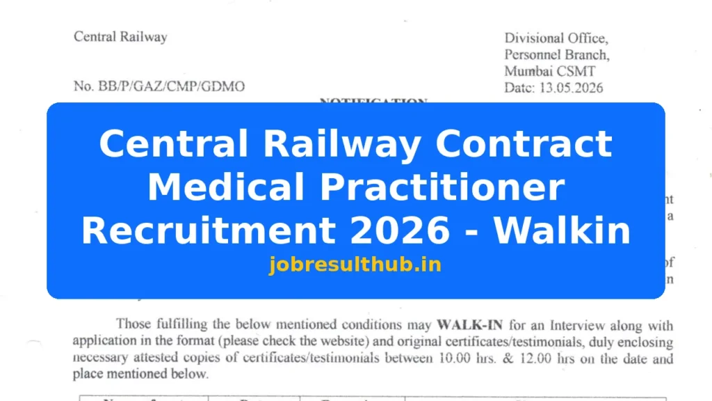 Central Railway Contract Medical Practitioner Recruitment 2026 - Walkin - 2026 Posts