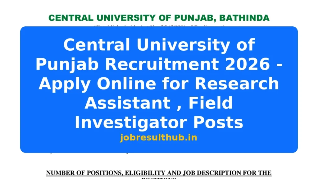 Central University of Punjab Recruitment 2026 - Apply Online for Research Assistant , Field Investigator Posts - 2026 Posts