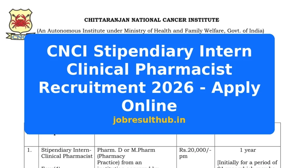 CNCI Stipendiary Intern Clinical Pharmacist Recruitment 2026 - Apply Online - 2026 Posts