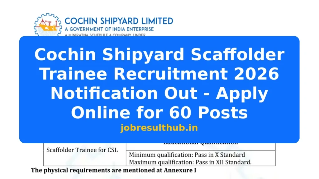 Cochin Shipyard Scaffolder Trainee Recruitment 2026 Notification Out - Apply Online for 60 Posts - 2026 Posts