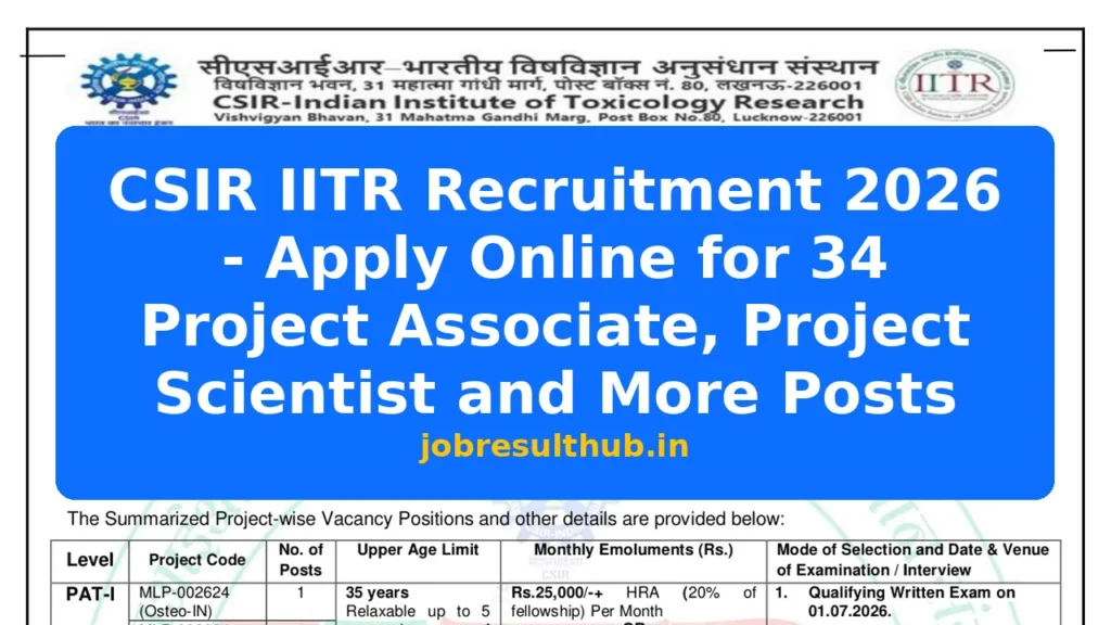 CSIR IITR Recruitment 2026 - Apply Online for 34 Project Associate, Project Scientist and More Posts - 2026 Posts