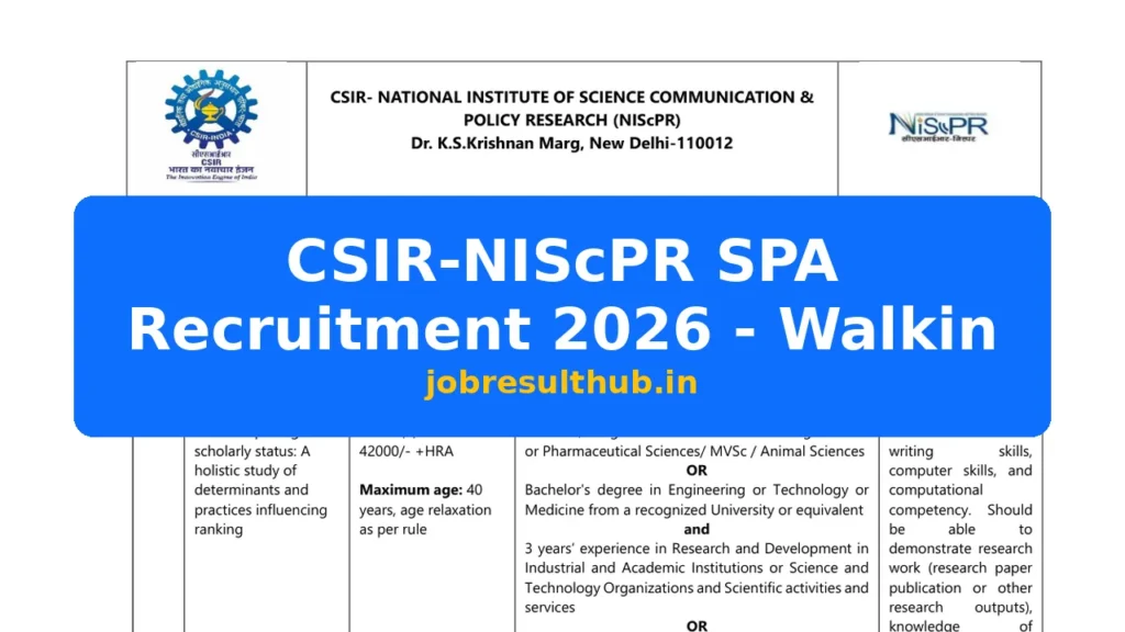 CSIR-NIScPR SPA Recruitment 2026 - Walkin - 2026 Posts