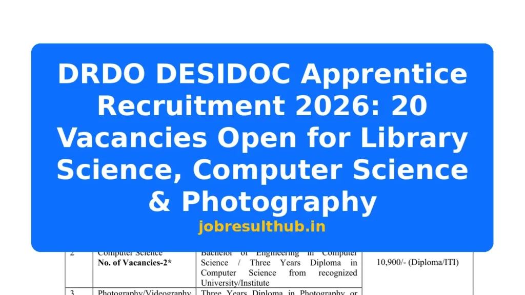 DRDO DESIDOC Apprentice Recruitment 2026: 20 Vacancies Open for Library Science, Computer Science & Photography - 20 Posts