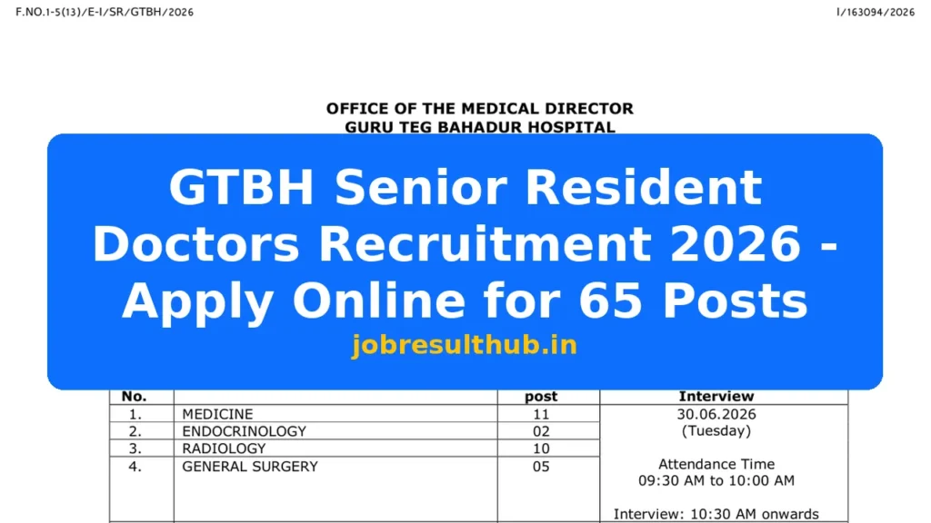 GTBH Senior Resident Doctors Recruitment 2026 - Apply Online for 65 Posts - 2026 Posts