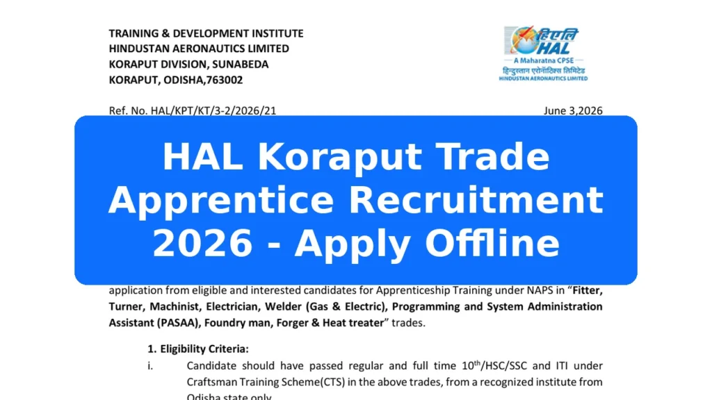 HAL Koraput Trade Apprentice Recruitment 2026 - Apply Offline Featured Image