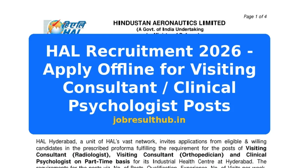 HAL Recruitment 2026 - Apply Offline for Visiting Consultant / Clinical Psychologist Posts - 2026 Posts