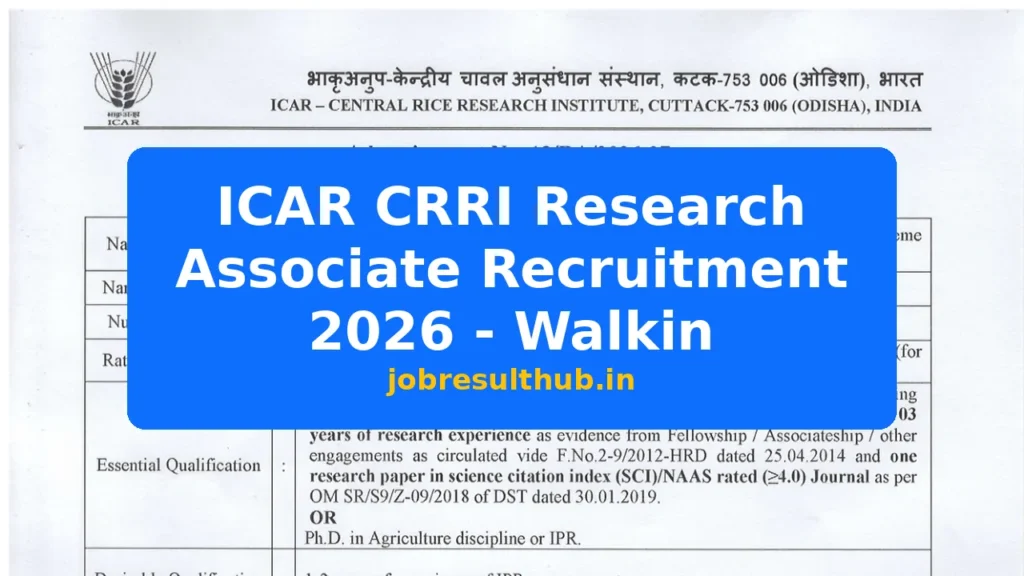 ICAR CRRI Research Associate Recruitment 2026 - Walkin - 2026 Posts