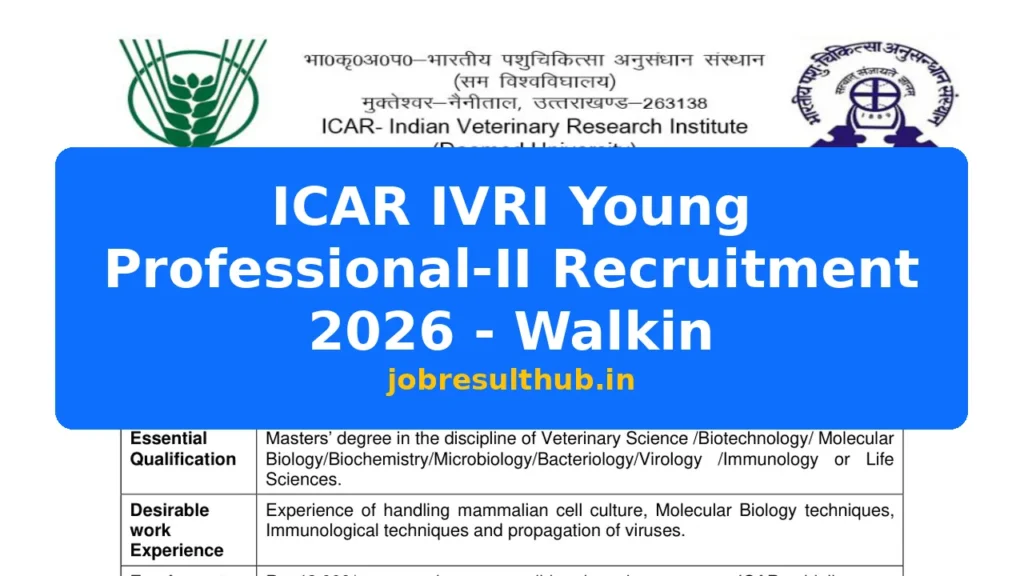 ICAR IVRI Young Professional-II Recruitment 2026 - Walkin - 2026 Posts
