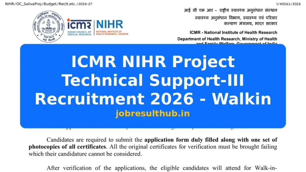 ICMR NIHR Project Technical Support-III Recruitment 2026 - Walkin - 2026 Posts